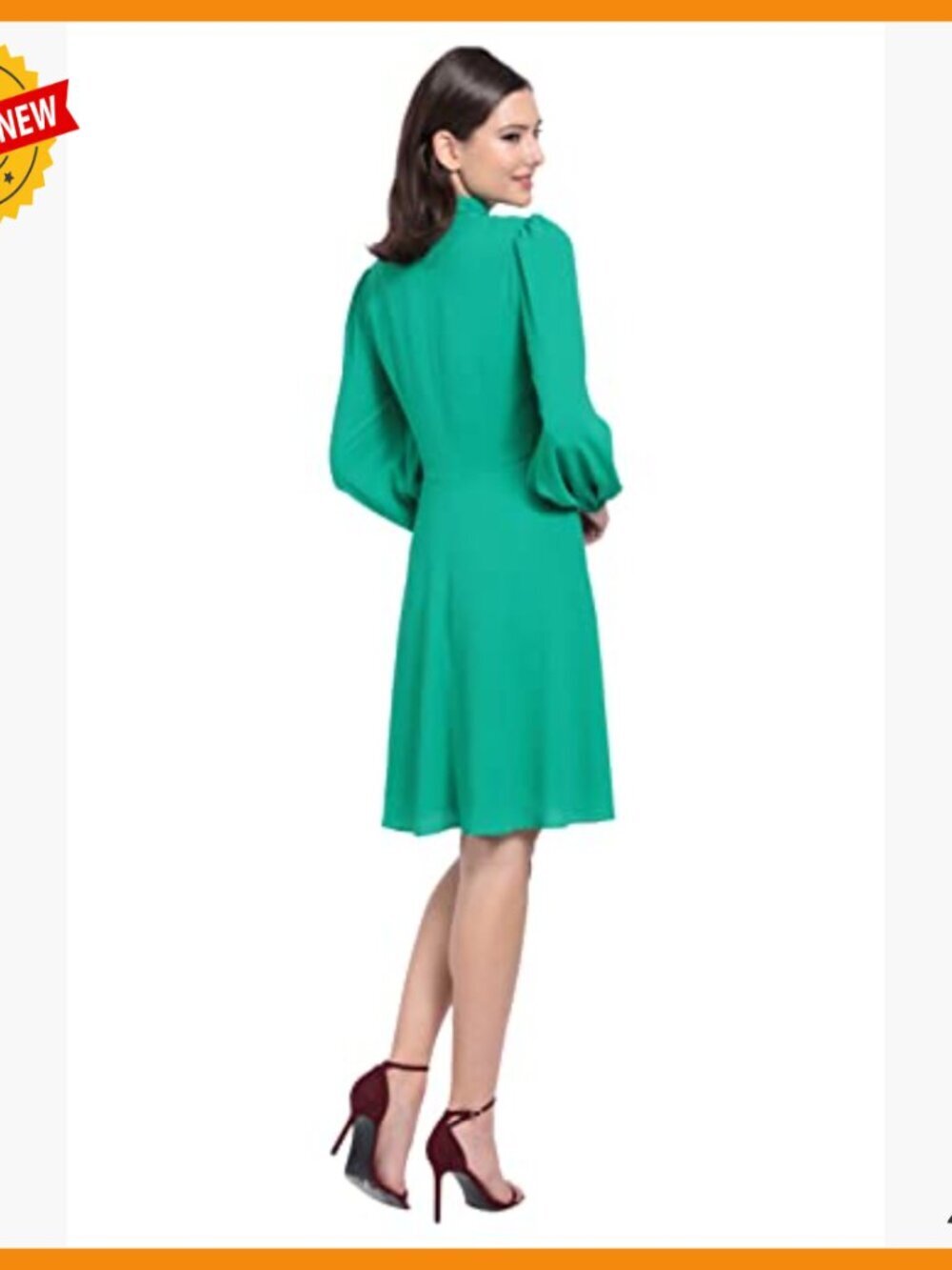 Fit & Flare Dress with Puff Sleeves, Tie Neck, Above Knee - Picture 2 of 4